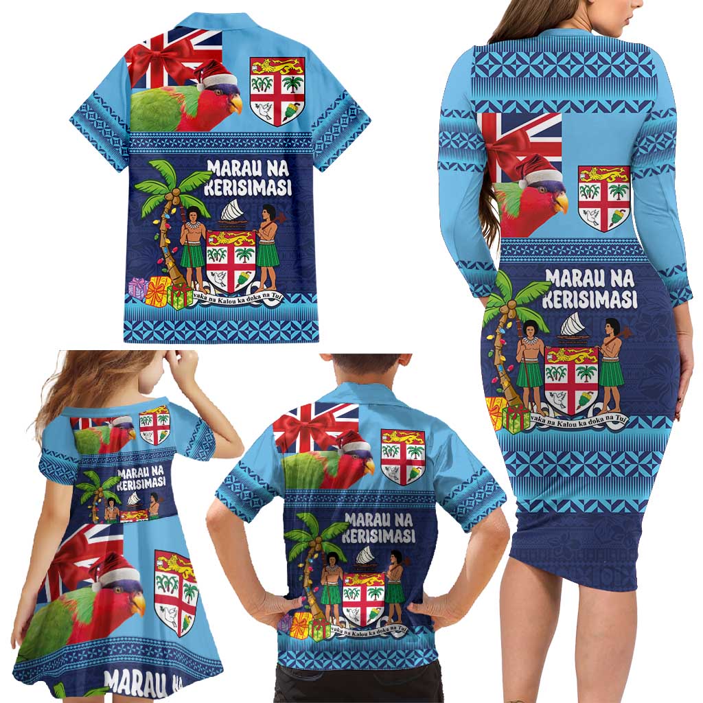 Fiji Marau na Kerisimasi Family Matching Long Sleeve Bodycon Dress and Hawaiian Shirt Christmas Collared Lory - Fiji Emblems and Xmas Palm Tree Tapa Art Pattern LT03 - Polynesian Pride