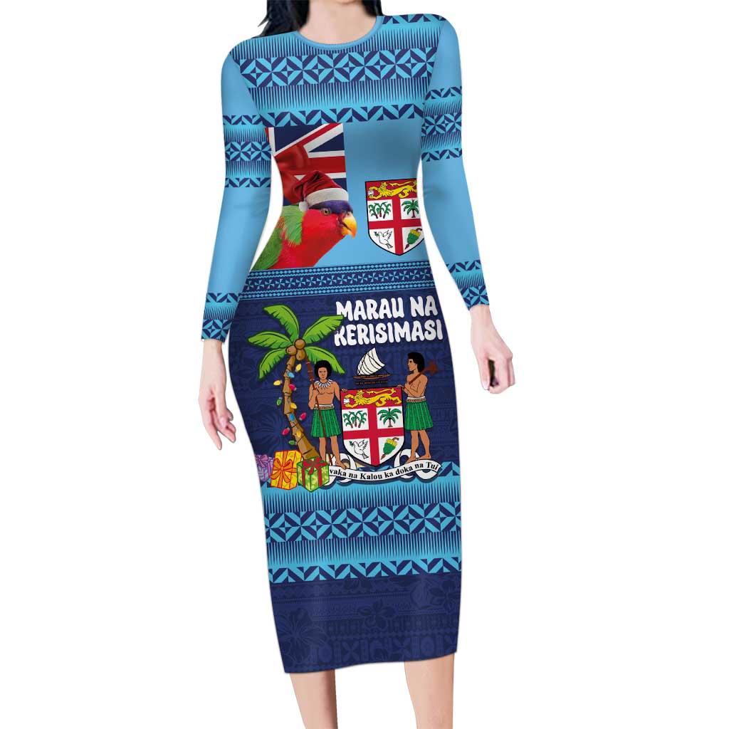 Fiji Marau na Kerisimasi Family Matching Long Sleeve Bodycon Dress and Hawaiian Shirt Christmas Collared Lory - Fiji Emblems and Xmas Palm Tree Tapa Art Pattern LT03 Mom's Dress Blue - Polynesian Pride