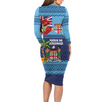 Fiji Marau na Kerisimasi Family Matching Long Sleeve Bodycon Dress and Hawaiian Shirt Christmas Collared Lory - Fiji Emblems and Xmas Palm Tree Tapa Art Pattern LT03 - Polynesian Pride