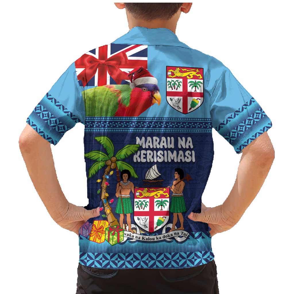 Fiji Marau na Kerisimasi Family Matching Mermaid Dress and Hawaiian Shirt Christmas Collared Lory - Fiji Emblems and Xmas Palm Tree Tapa Art Pattern LT03 - Polynesian Pride