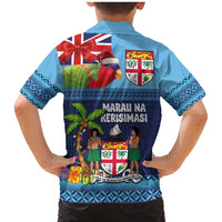 Fiji Marau na Kerisimasi Family Matching Mermaid Dress and Hawaiian Shirt Christmas Collared Lory - Fiji Emblems and Xmas Palm Tree Tapa Art Pattern LT03 - Polynesian Pride