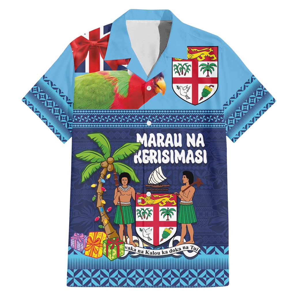 Fiji Marau na Kerisimasi Family Matching Mermaid Dress and Hawaiian Shirt Christmas Collared Lory - Fiji Emblems and Xmas Palm Tree Tapa Art Pattern LT03 Dad's Shirt - Short Sleeve Blue - Polynesian Pride