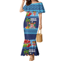 Fiji Marau na Kerisimasi Family Matching Mermaid Dress and Hawaiian Shirt Christmas Collared Lory - Fiji Emblems and Xmas Palm Tree Tapa Art Pattern LT03 Mom's Dress Blue - Polynesian Pride