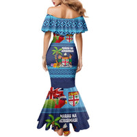 Fiji Marau na Kerisimasi Family Matching Mermaid Dress and Hawaiian Shirt Christmas Collared Lory - Fiji Emblems and Xmas Palm Tree Tapa Art Pattern LT03 - Polynesian Pride