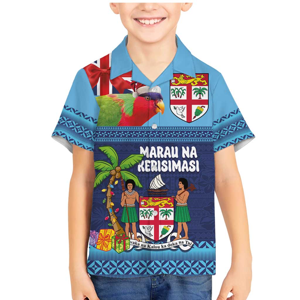 Fiji Marau na Kerisimasi Family Matching Mermaid Dress and Hawaiian Shirt Christmas Collared Lory - Fiji Emblems and Xmas Palm Tree Tapa Art Pattern LT03 Son's Shirt Blue - Polynesian Pride