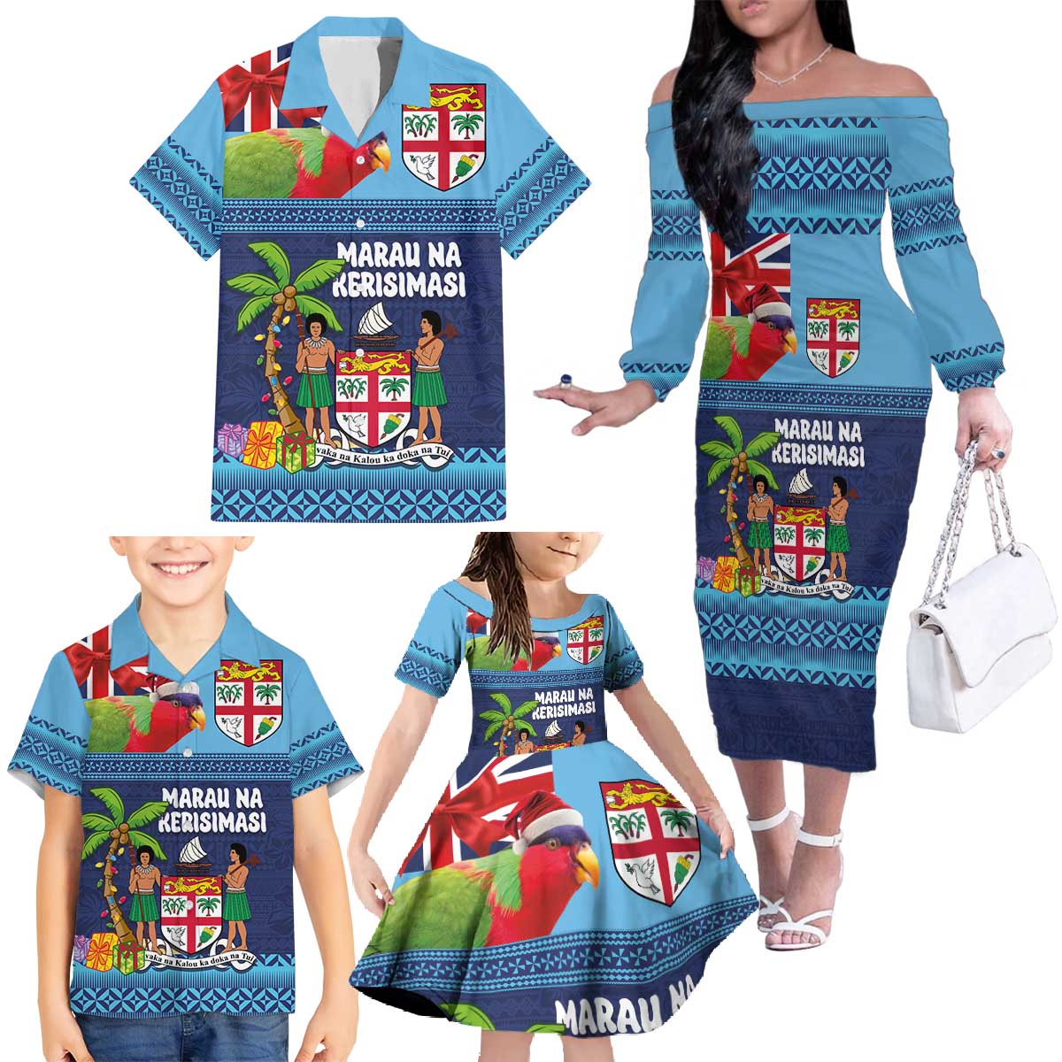 Fiji Marau na Kerisimasi Family Matching Off The Shoulder Long Sleeve Dress and Hawaiian Shirt Christmas Collared Lory - Fiji Emblems and Xmas Palm Tree Tapa Art Pattern LT03 - Polynesian Pride