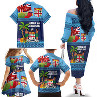 Fiji Marau na Kerisimasi Family Matching Off The Shoulder Long Sleeve Dress and Hawaiian Shirt Christmas Collared Lory - Fiji Emblems and Xmas Palm Tree Tapa Art Pattern LT03 - Polynesian Pride