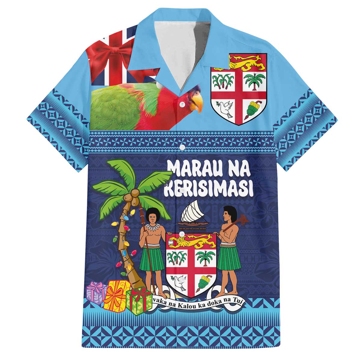 Fiji Marau na Kerisimasi Family Matching Off The Shoulder Long Sleeve Dress and Hawaiian Shirt Christmas Collared Lory - Fiji Emblems and Xmas Palm Tree Tapa Art Pattern LT03 Dad's Shirt - Short Sleeve Blue - Polynesian Pride