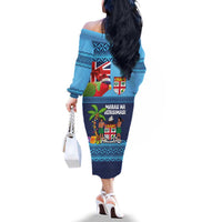 Fiji Marau na Kerisimasi Family Matching Off The Shoulder Long Sleeve Dress and Hawaiian Shirt Christmas Collared Lory - Fiji Emblems and Xmas Palm Tree Tapa Art Pattern LT03 - Polynesian Pride