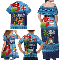 Fiji Marau na Kerisimasi Family Matching Off Shoulder Maxi Dress and Hawaiian Shirt Christmas Collared Lory - Fiji Emblems and Xmas Palm Tree Tapa Art Pattern LT03 - Polynesian Pride