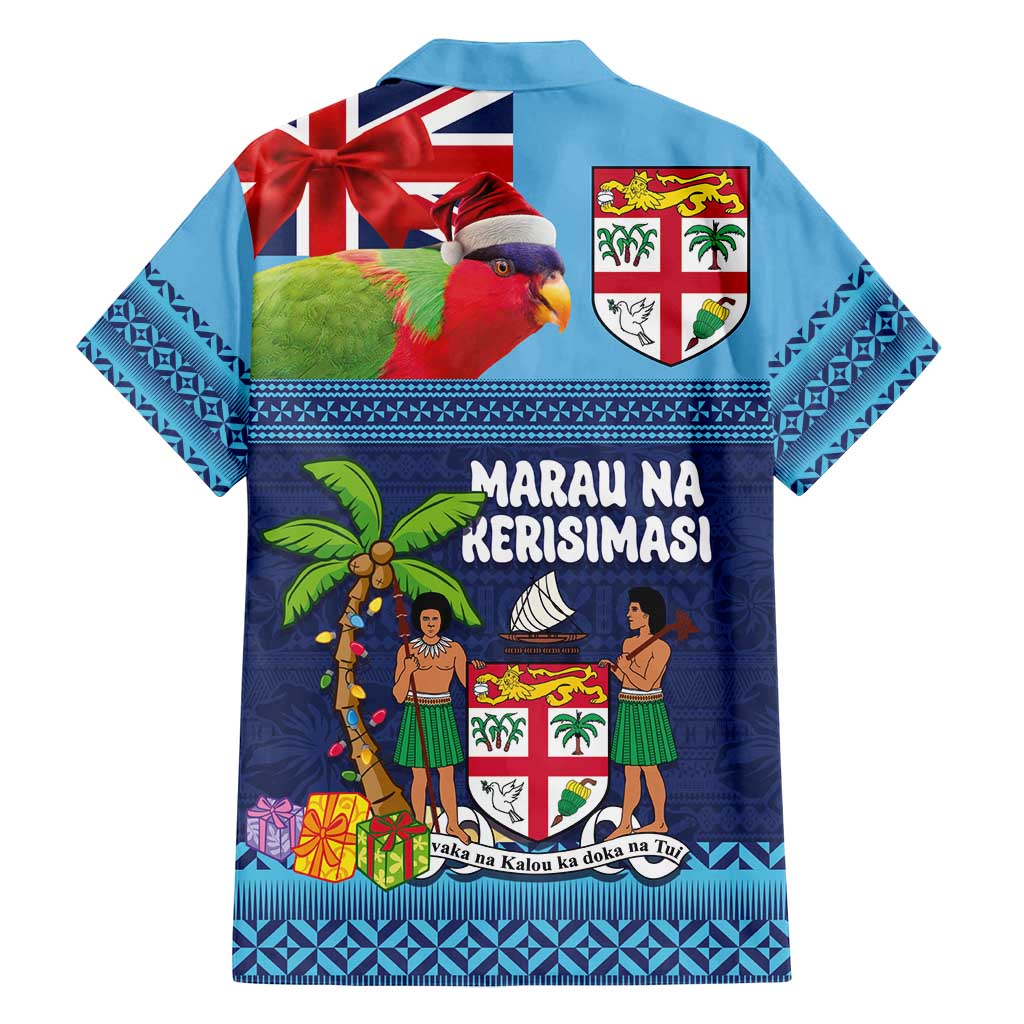 Fiji Marau na Kerisimasi Family Matching Off Shoulder Maxi Dress and Hawaiian Shirt Christmas Collared Lory - Fiji Emblems and Xmas Palm Tree Tapa Art Pattern LT03 - Polynesian Pride