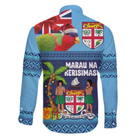 Fiji Marau na Kerisimasi Family Matching Off Shoulder Maxi Dress and Hawaiian Shirt Christmas Collared Lory - Fiji Emblems and Xmas Palm Tree Tapa Art Pattern LT03 - Polynesian Pride