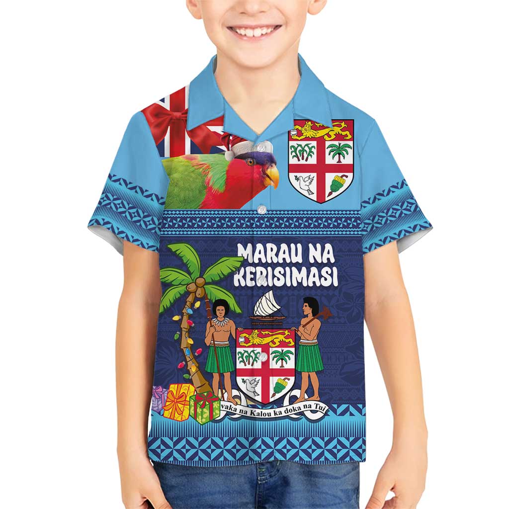 Fiji Marau na Kerisimasi Family Matching Off Shoulder Maxi Dress and Hawaiian Shirt Christmas Collared Lory - Fiji Emblems and Xmas Palm Tree Tapa Art Pattern LT03 Son's Shirt Blue - Polynesian Pride