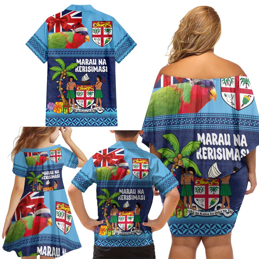 Fiji Marau na Kerisimasi Family Matching Off Shoulder Short Dress and Hawaiian Shirt Christmas Collared Lory - Fiji Emblems and Xmas Palm Tree Tapa Art Pattern LT03 - Polynesian Pride