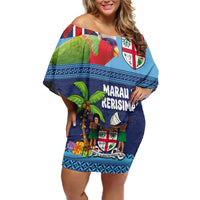 Fiji Marau na Kerisimasi Family Matching Off Shoulder Short Dress and Hawaiian Shirt Christmas Collared Lory - Fiji Emblems and Xmas Palm Tree Tapa Art Pattern LT03 Mom's Dress Blue - Polynesian Pride