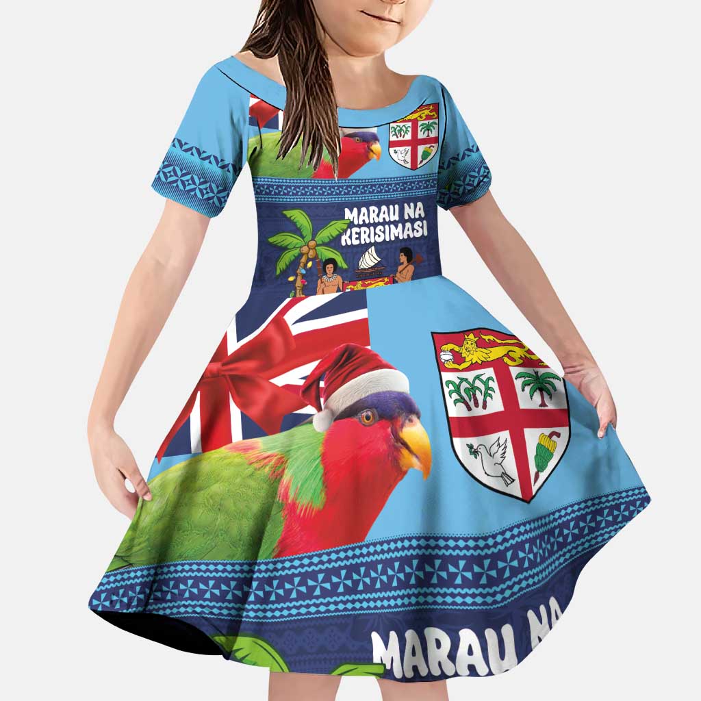 Fiji Marau na Kerisimasi Family Matching Puletasi and Hawaiian Shirt Christmas Collared Lory - Fiji Emblems and Xmas Palm Tree Tapa Art Pattern LT03 Daughter's Dress Blue - Polynesian Pride