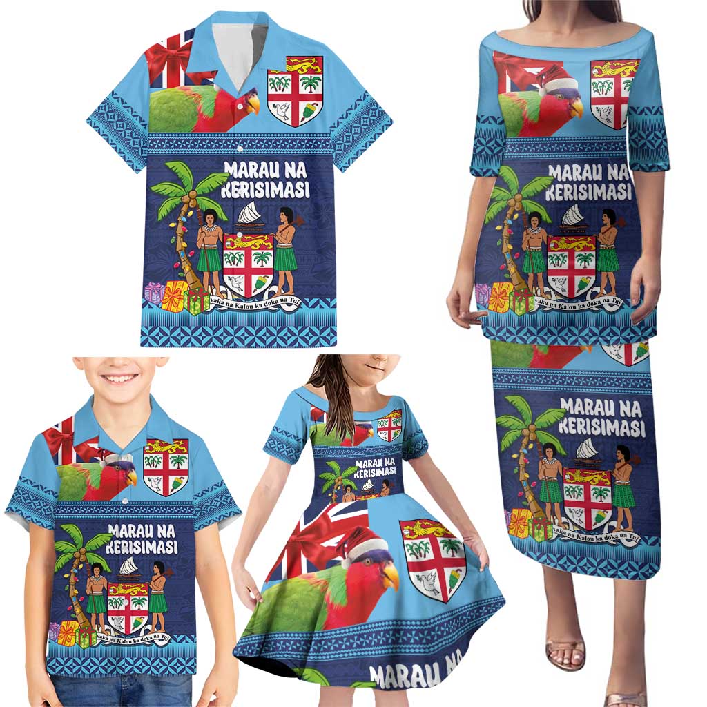 Fiji Marau na Kerisimasi Family Matching Puletasi and Hawaiian Shirt Christmas Collared Lory - Fiji Emblems and Xmas Palm Tree Tapa Art Pattern LT03 - Polynesian Pride