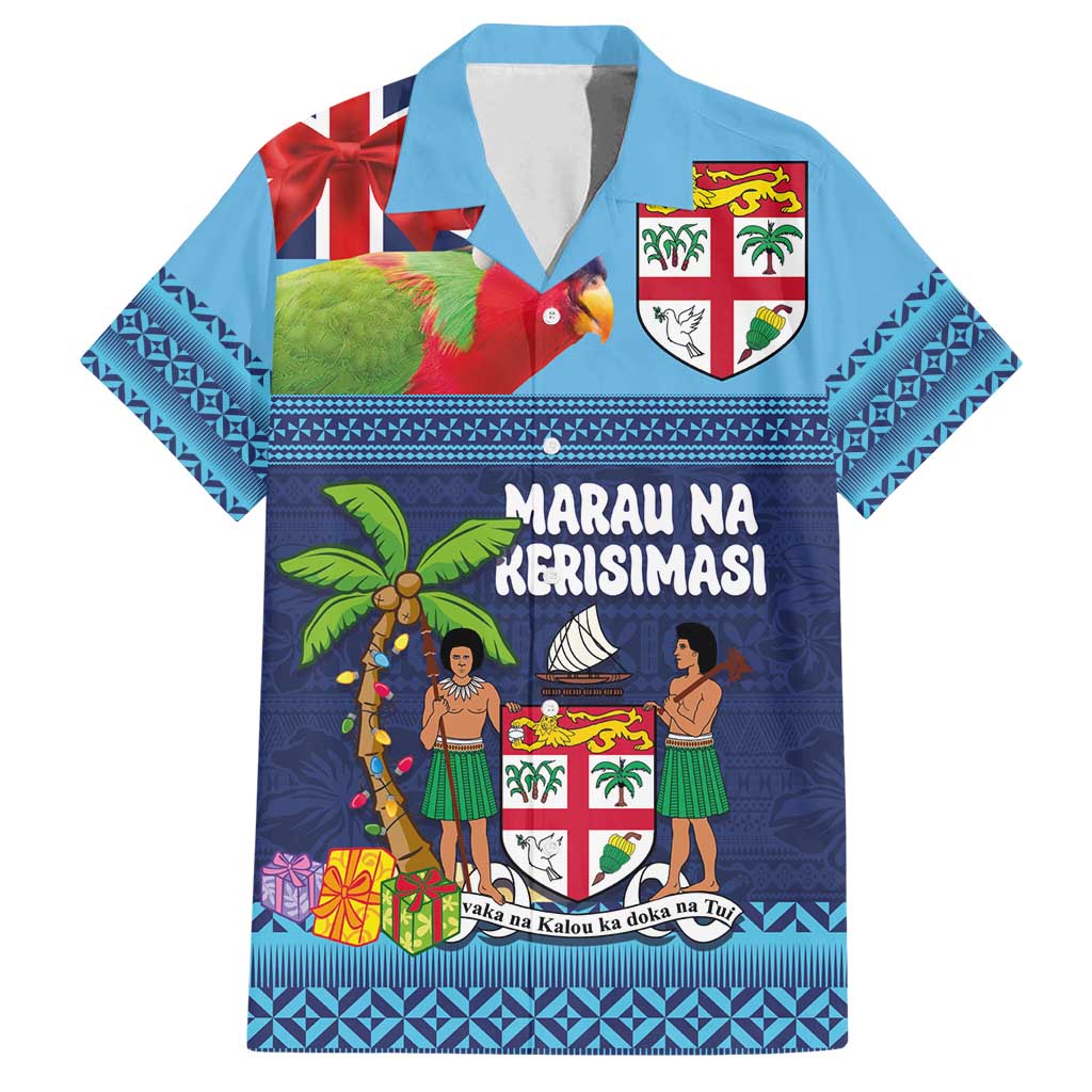Fiji Marau na Kerisimasi Family Matching Puletasi and Hawaiian Shirt Christmas Collared Lory - Fiji Emblems and Xmas Palm Tree Tapa Art Pattern LT03 Dad's Shirt - Short Sleeve Blue - Polynesian Pride