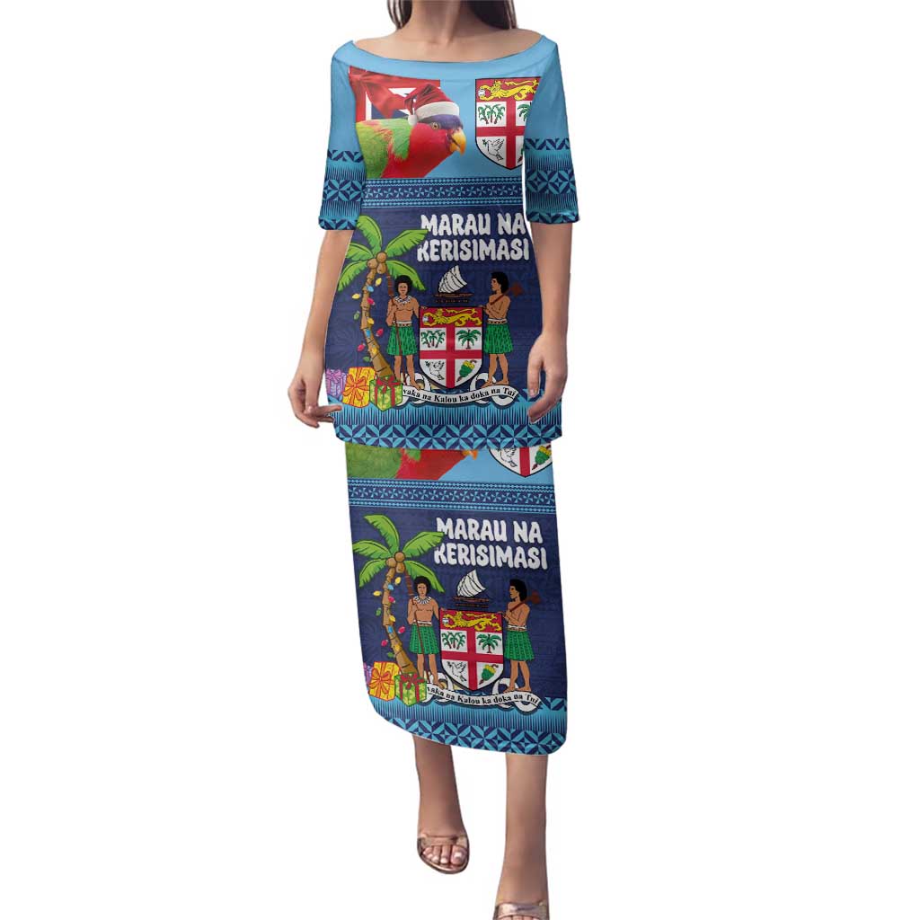 Fiji Marau na Kerisimasi Family Matching Puletasi and Hawaiian Shirt Christmas Collared Lory - Fiji Emblems and Xmas Palm Tree Tapa Art Pattern LT03 Mom's Dress Blue - Polynesian Pride