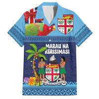 Fiji Marau na Kerisimasi Family Matching Short Sleeve Bodycon Dress and Hawaiian Shirt Christmas Collared Lory - Fiji Emblems and Xmas Palm Tree Tapa Art Pattern LT03 Dad's Shirt - Short Sleeve Blue - Polynesian Pride