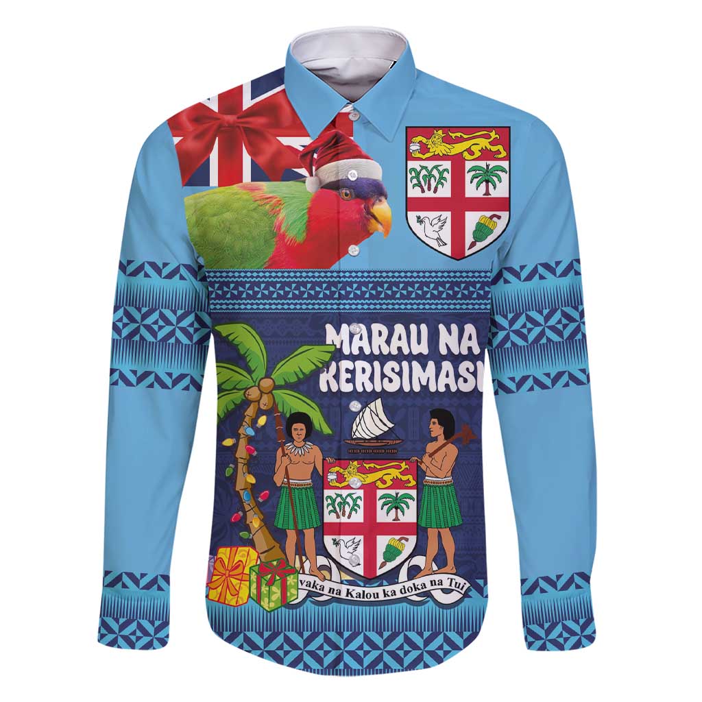 Fiji Marau na Kerisimasi Family Matching Short Sleeve Bodycon Dress and Hawaiian Shirt Christmas Collared Lory - Fiji Emblems and Xmas Palm Tree Tapa Art Pattern LT03 Dad's Shirt - Long Sleeve Blue - Polynesian Pride