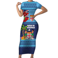 Fiji Marau na Kerisimasi Family Matching Short Sleeve Bodycon Dress and Hawaiian Shirt Christmas Collared Lory - Fiji Emblems and Xmas Palm Tree Tapa Art Pattern LT03 Mom's Dress Blue - Polynesian Pride
