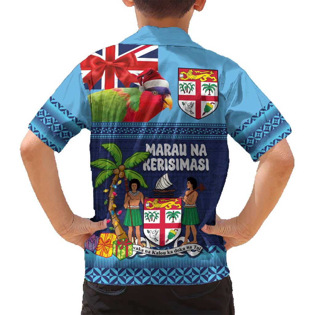 Fiji Marau na Kerisimasi Family Matching Summer Maxi Dress and Hawaiian Shirt Christmas Collared Lory - Fiji Emblems and Xmas Palm Tree Tapa Art Pattern LT03 - Polynesian Pride