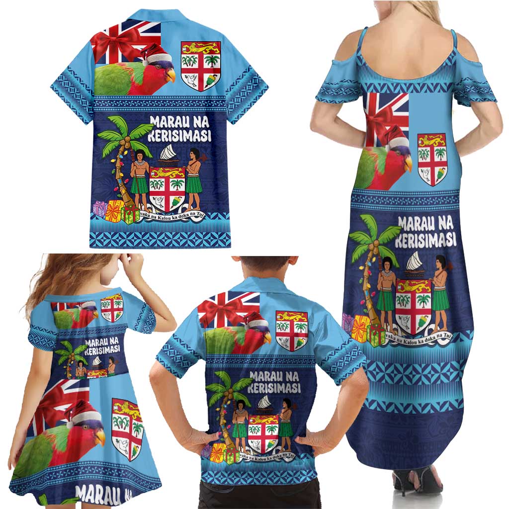 Fiji Marau na Kerisimasi Family Matching Summer Maxi Dress and Hawaiian Shirt Christmas Collared Lory - Fiji Emblems and Xmas Palm Tree Tapa Art Pattern LT03 - Polynesian Pride