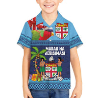 Fiji Marau na Kerisimasi Family Matching Summer Maxi Dress and Hawaiian Shirt Christmas Collared Lory - Fiji Emblems and Xmas Palm Tree Tapa Art Pattern LT03 Son's Shirt Blue - Polynesian Pride