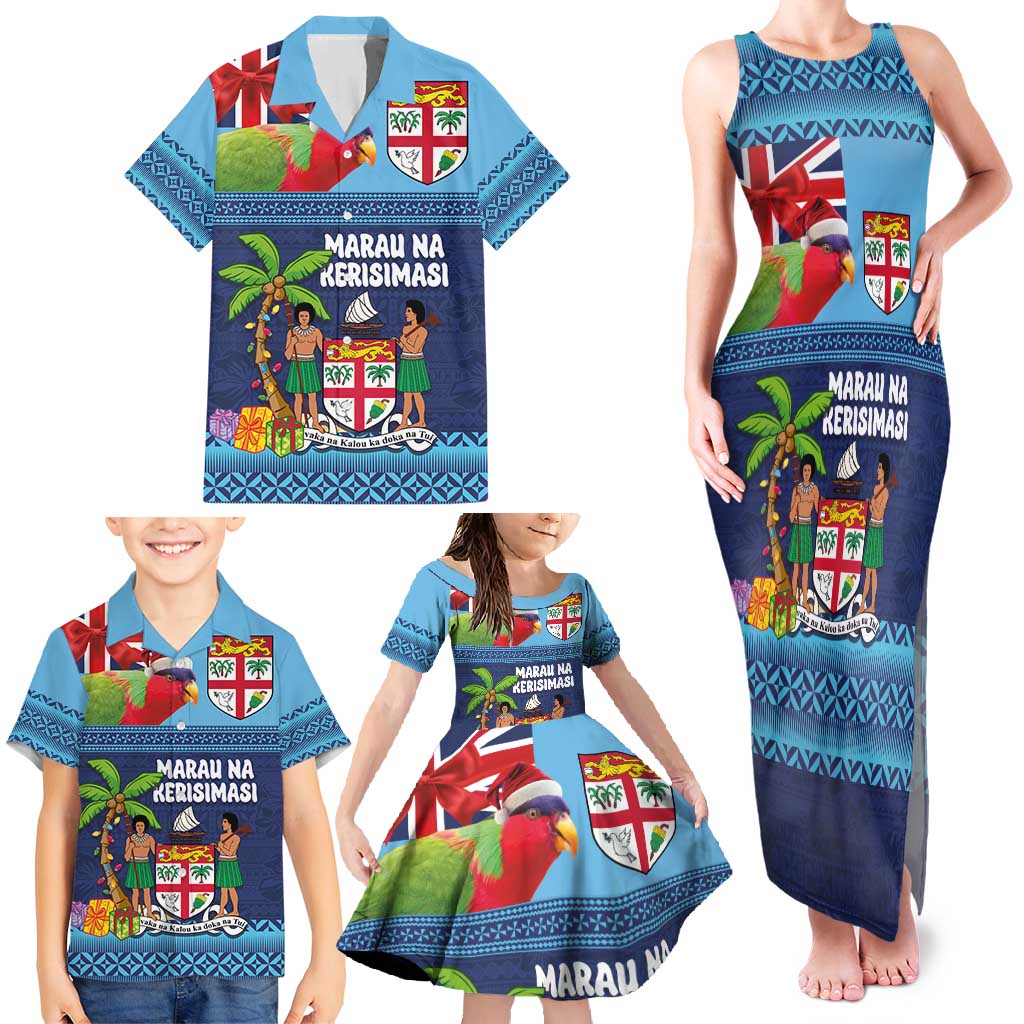 Fiji Marau na Kerisimasi Family Matching Tank Maxi Dress and Hawaiian Shirt Christmas Collared Lory - Fiji Emblems and Xmas Palm Tree Tapa Art Pattern LT03 - Polynesian Pride