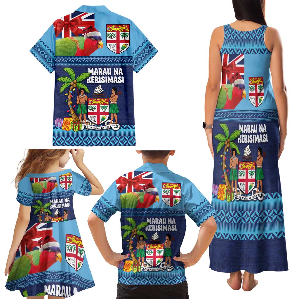 Fiji Marau na Kerisimasi Family Matching Tank Maxi Dress and Hawaiian Shirt Christmas Collared Lory - Fiji Emblems and Xmas Palm Tree Tapa Art Pattern LT03 - Polynesian Pride