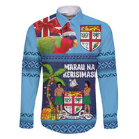 Fiji Marau na Kerisimasi Family Matching Tank Maxi Dress and Hawaiian Shirt Christmas Collared Lory - Fiji Emblems and Xmas Palm Tree Tapa Art Pattern LT03 Dad's Shirt - Long Sleeve Blue - Polynesian Pride