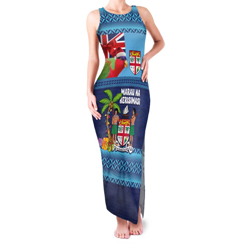 Fiji Marau na Kerisimasi Family Matching Tank Maxi Dress and Hawaiian Shirt Christmas Collared Lory - Fiji Emblems and Xmas Palm Tree Tapa Art Pattern LT03 Mom's Dress Blue - Polynesian Pride