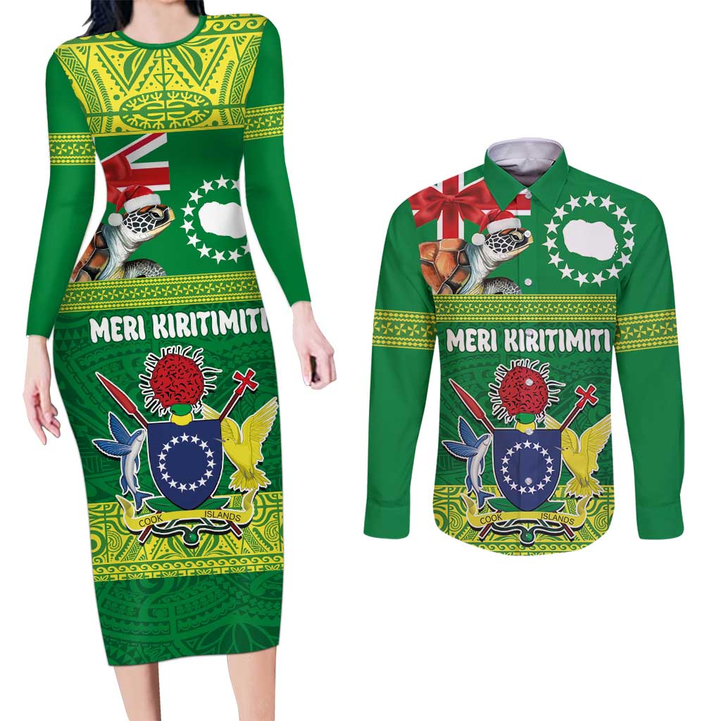 Cook Islands Meri Kiritimiti Couples Matching Long Sleeve Bodycon Dress and Long Sleeve Button Shirt Christmas Turtle - Cooks Islands Emblems and Polynesian Art Pattern