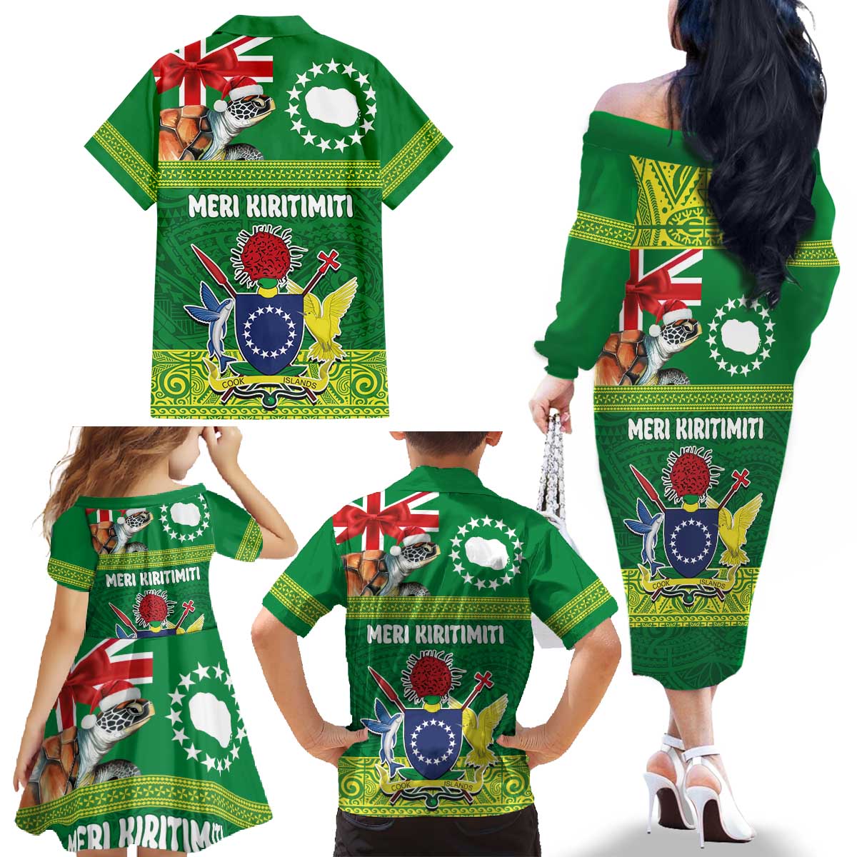 Cook Islands Meri Kiritimiti Family Matching Off The Shoulder Long Sleeve Dress and Hawaiian Shirt Christmas Turtle - Cooks Islands Emblems and Polynesian Art Pattern LT03 - Polynesian Pride