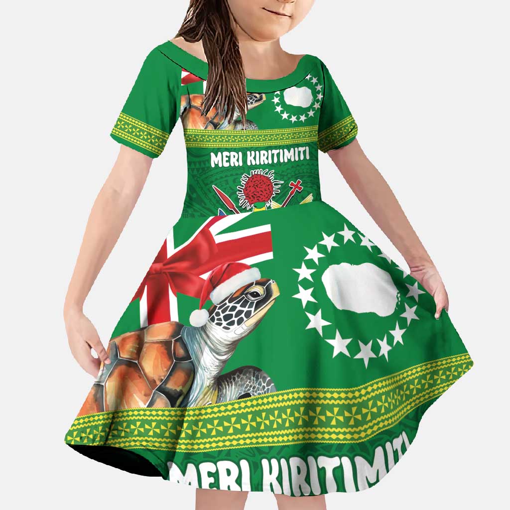 Cook Islands Meri Kiritimiti Family Matching Off Shoulder Maxi Dress and Hawaiian Shirt Christmas Turtle - Cooks Islands Emblems and Polynesian Art Pattern LT03 Daughter's Dress Green - Polynesian Pride