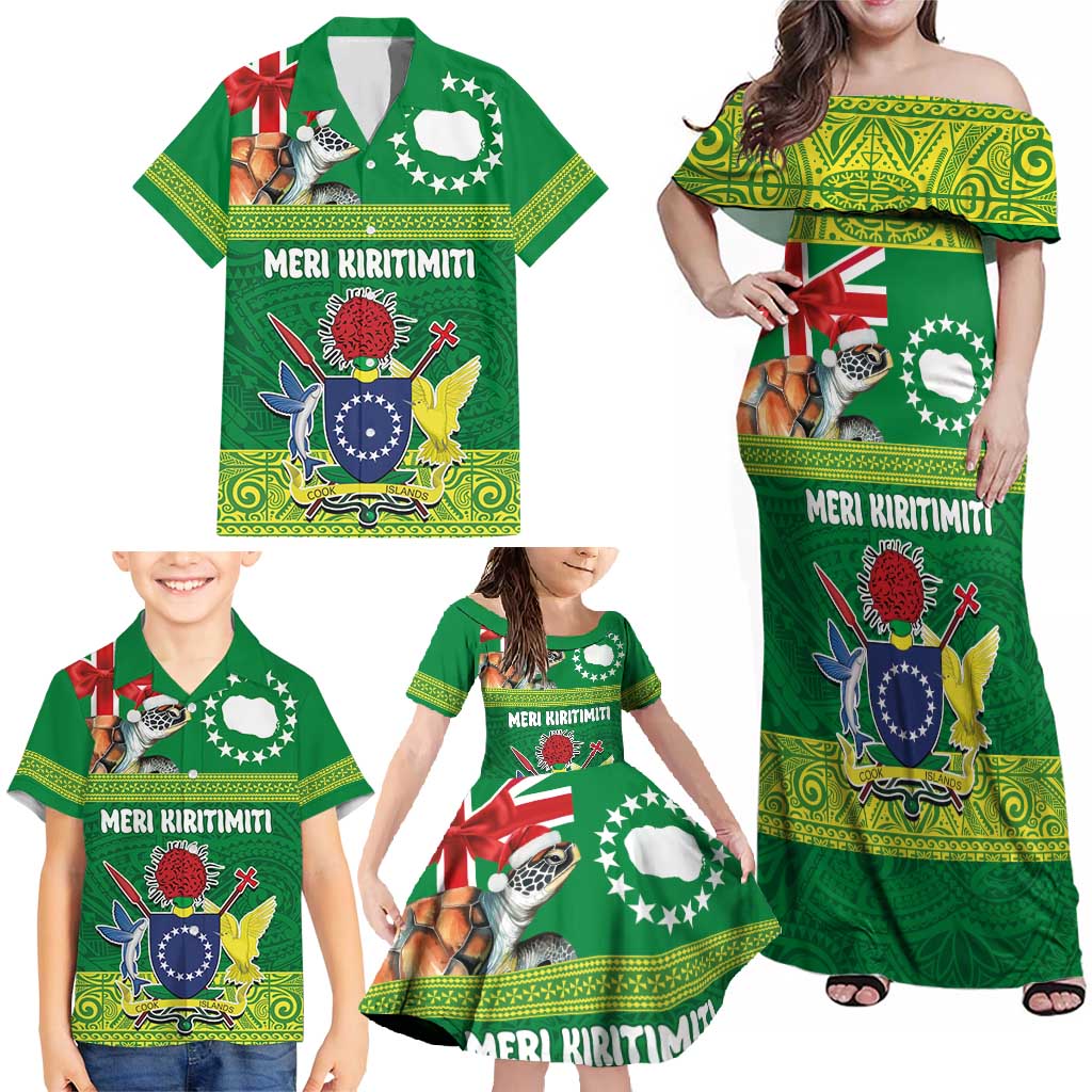 Cook Islands Meri Kiritimiti Family Matching Off Shoulder Maxi Dress and Hawaiian Shirt Christmas Turtle - Cooks Islands Emblems and Polynesian Art Pattern LT03 - Polynesian Pride