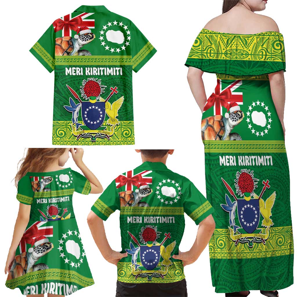 Cook Islands Meri Kiritimiti Family Matching Off Shoulder Maxi Dress and Hawaiian Shirt Christmas Turtle - Cooks Islands Emblems and Polynesian Art Pattern LT03 - Polynesian Pride