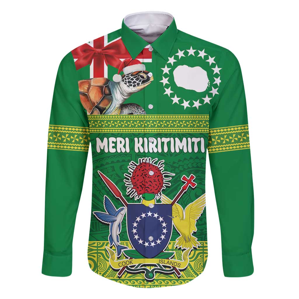 Cook Islands Meri Kiritimiti Family Matching Off Shoulder Maxi Dress and Hawaiian Shirt Christmas Turtle - Cooks Islands Emblems and Polynesian Art Pattern LT03 Dad's Shirt - Long Sleeve Green - Polynesian Pride