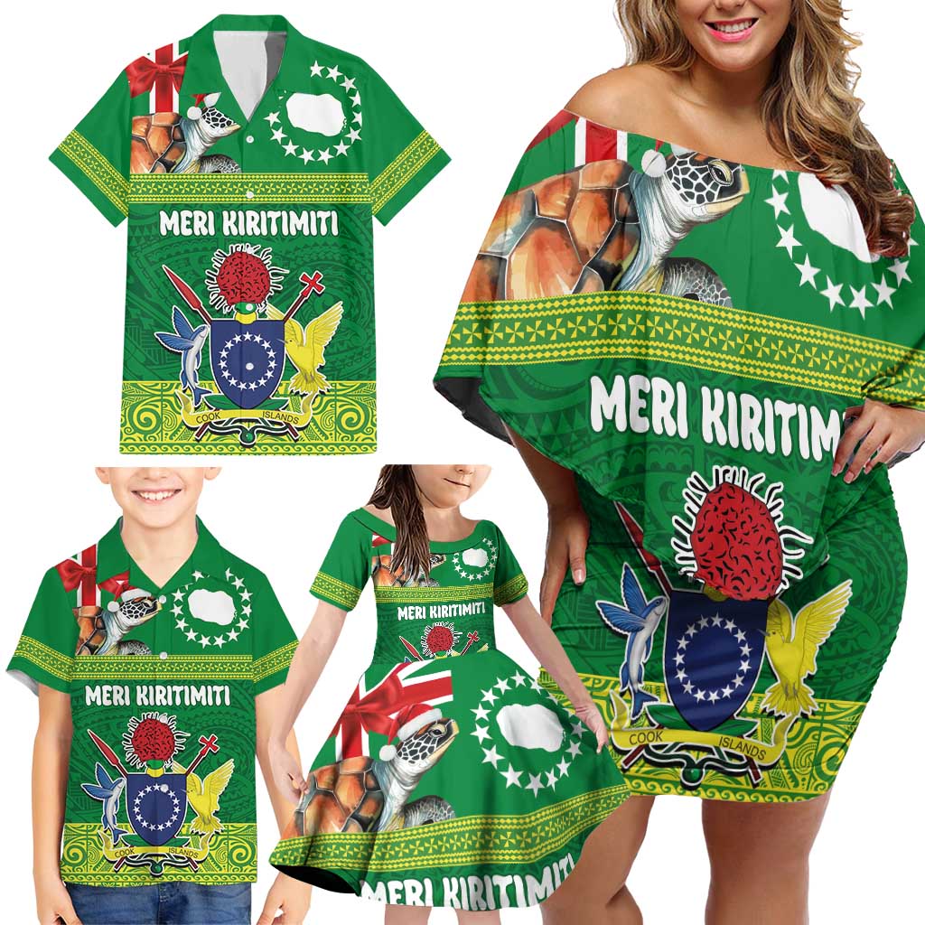 Cook Islands Meri Kiritimiti Family Matching Off Shoulder Short Dress and Hawaiian Shirt Christmas Turtle - Cooks Islands Emblems and Polynesian Art Pattern LT03 - Polynesian Pride