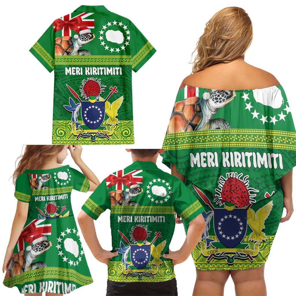 Cook Islands Meri Kiritimiti Family Matching Off Shoulder Short Dress and Hawaiian Shirt Christmas Turtle - Cooks Islands Emblems and Polynesian Art Pattern LT03 - Polynesian Pride