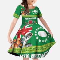 Cook Islands Meri Kiritimiti Family Matching Summer Maxi Dress and Hawaiian Shirt Christmas Turtle - Cooks Islands Emblems and Polynesian Art Pattern LT03 Daughter's Dress Green - Polynesian Pride