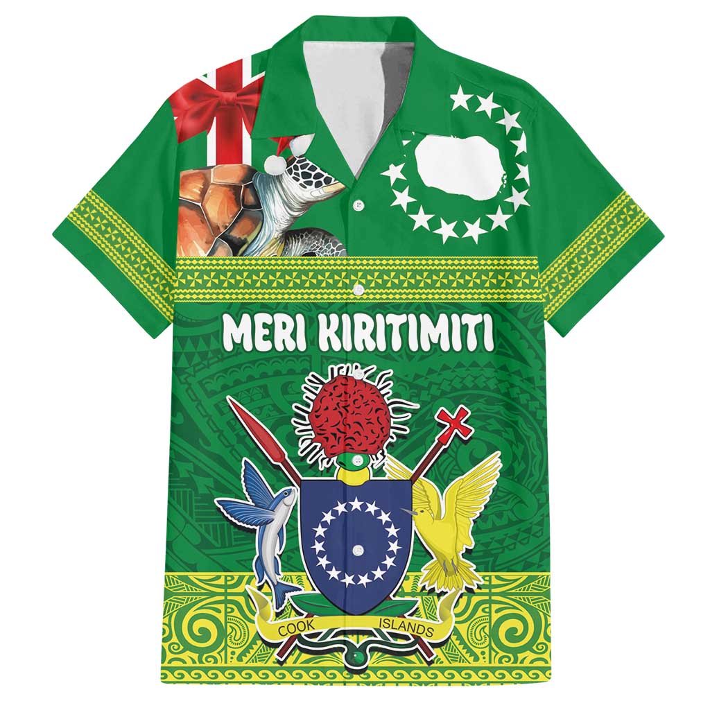 Cook Islands Meri Kiritimiti Family Matching Tank Maxi Dress and Hawaiian Shirt Christmas Turtle - Cooks Islands Emblems and Polynesian Art Pattern LT03 Dad's Shirt - Short Sleeve Green - Polynesian Pride