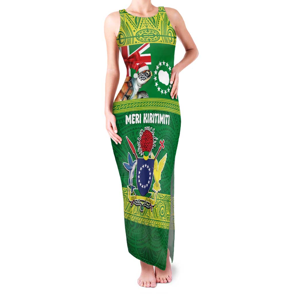 Cook Islands Meri Kiritimiti Family Matching Tank Maxi Dress and Hawaiian Shirt Christmas Turtle - Cooks Islands Emblems and Polynesian Art Pattern LT03 Mom's Dress Green - Polynesian Pride
