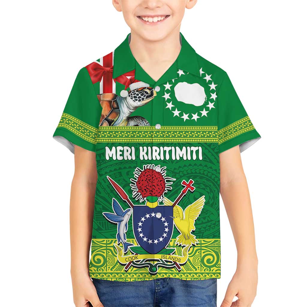 Cook Islands Meri Kiritimiti Family Matching Tank Maxi Dress and Hawaiian Shirt Christmas Turtle - Cooks Islands Emblems and Polynesian Art Pattern LT03 Son's Shirt Green - Polynesian Pride