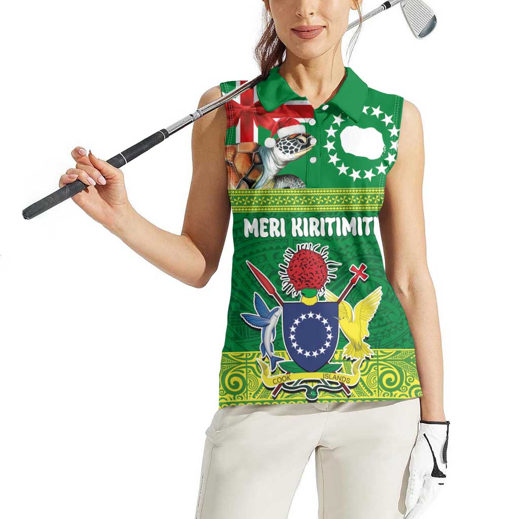Cook Islands Meri Kiritimiti Women Sleeveless Polo Shirt Christmas Turtle - Cooks Islands Emblems and Polynesian Art Pattern