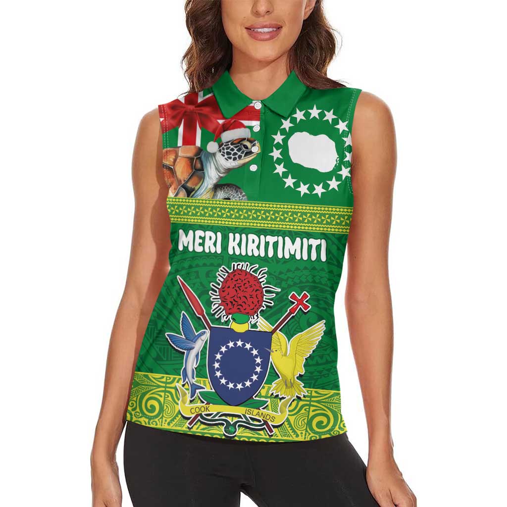 Cook Islands Meri Kiritimiti Women Sleeveless Polo Shirt Christmas Turtle - Cooks Islands Emblems and Polynesian Art Pattern