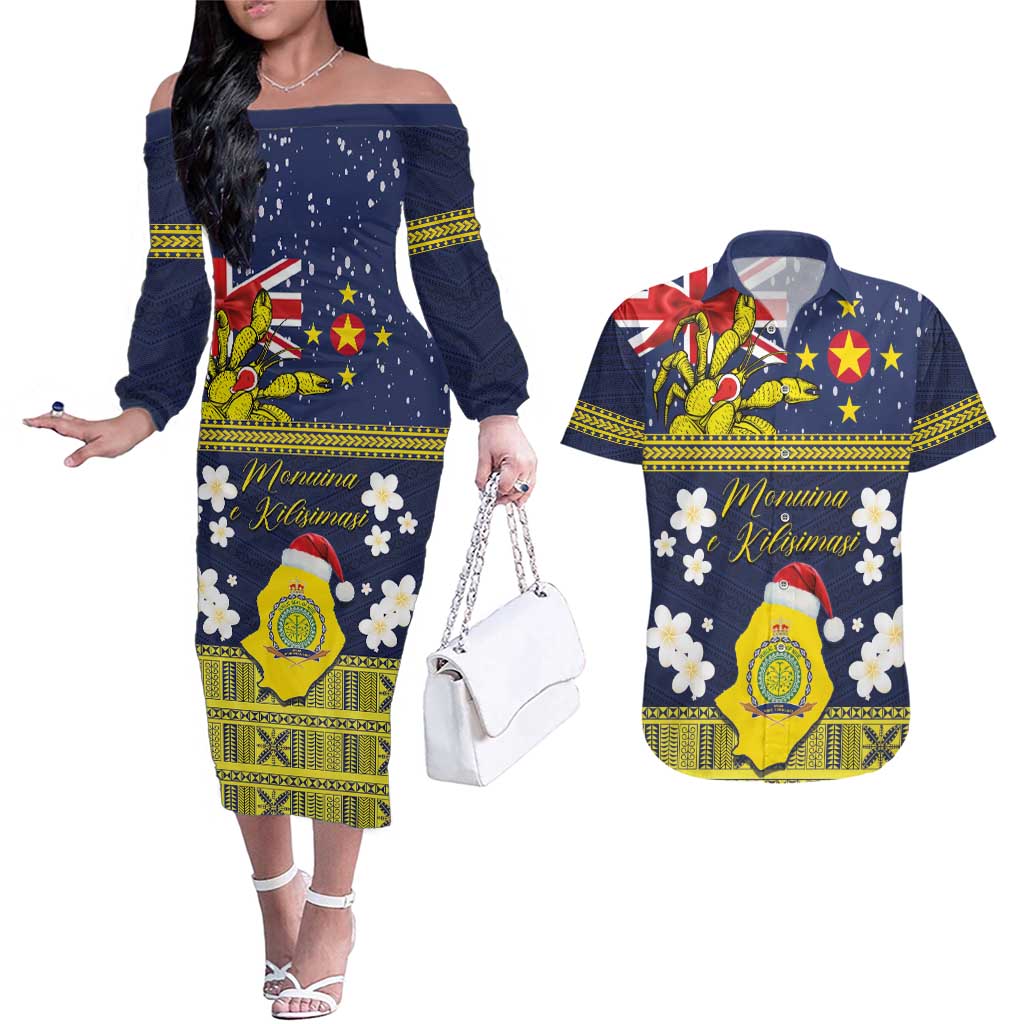 Niue Monuina e Kilisimasi Couples Matching Off The Shoulder Long Sleeve Dress and Hawaiian Shirt Christmas Uga - Niue Map and Emblem with Hiapo Art Pattern LT03 Yellow - Polynesian Pride