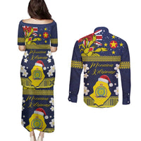 Niue Monuina e Kilisimasi Couples Matching Puletasi and Long Sleeve Button Shirt Christmas Uga - Niue Map and Emblem with Hiapo Art Pattern