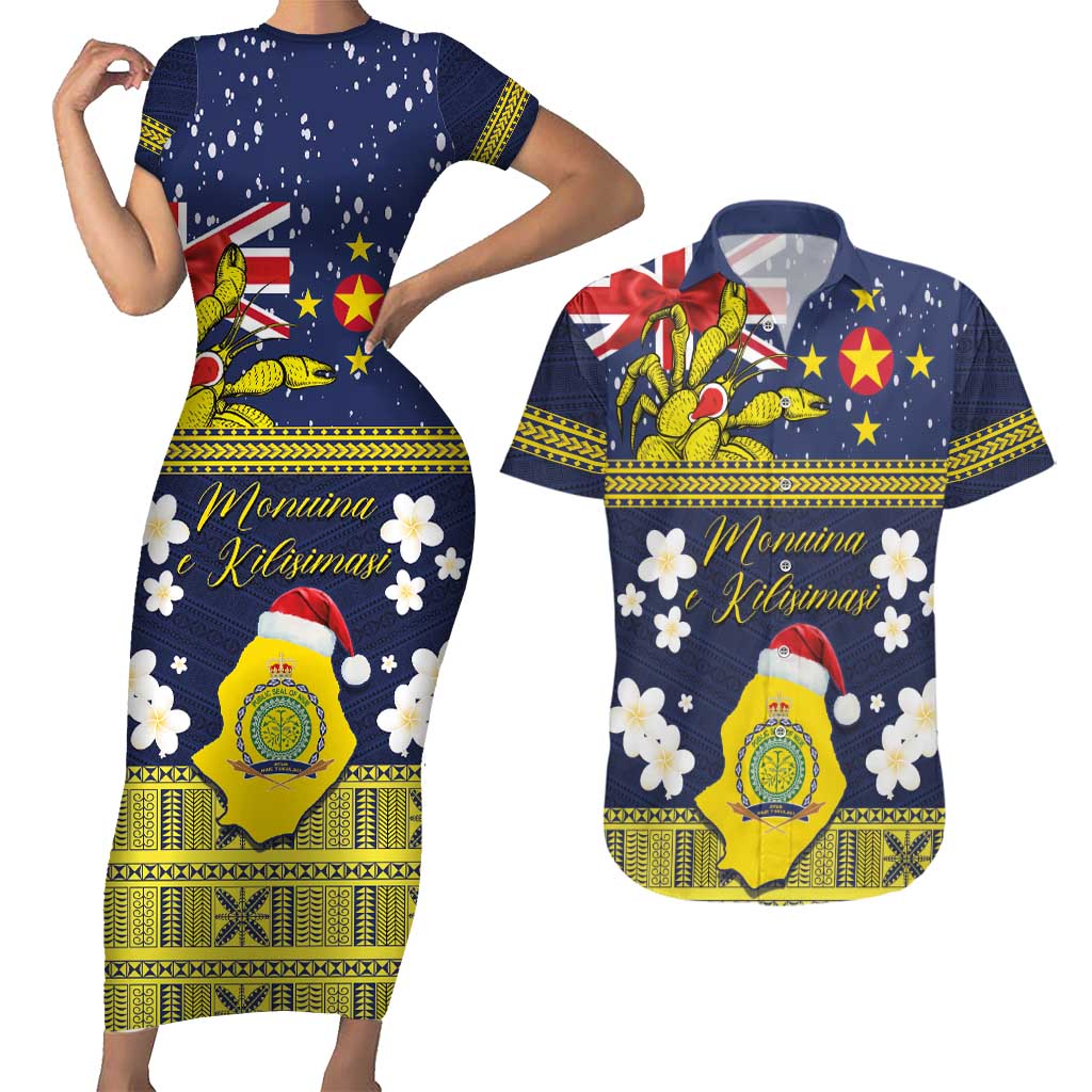 Niue Monuina e Kilisimasi Couples Matching Short Sleeve Bodycon Dress and Hawaiian Shirt Christmas Uga - Niue Map and Emblem with Hiapo Art Pattern LT03 Yellow - Polynesian Pride